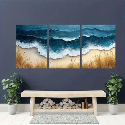3pcs Modern Beach Wave Minimalist Neutral Tone Metal Print Ready to Hang Art