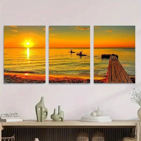 3pcs Sunset Beach Fishing Boats Ocean Vibrant Wall Art Set Canvas Unframed - High Quality Print 100% Australian Made Wall Canvas