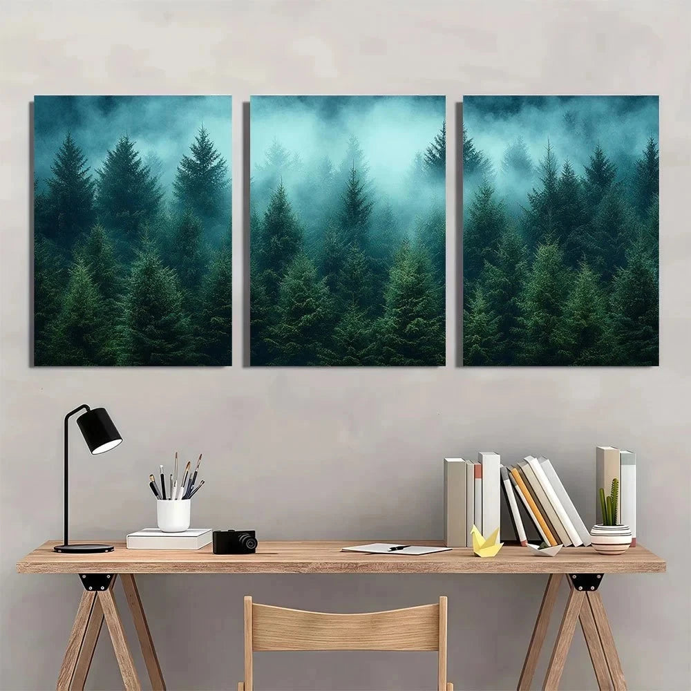 3pcs Fog Forest Modern Pine Trees Metal Print Ready to Hang Art - Bella Home Decor