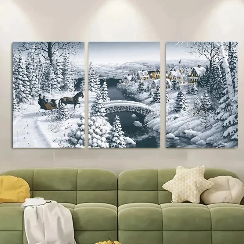 3pcs Snowy Village Scene with Horse Metal Print Ready to Hang Art