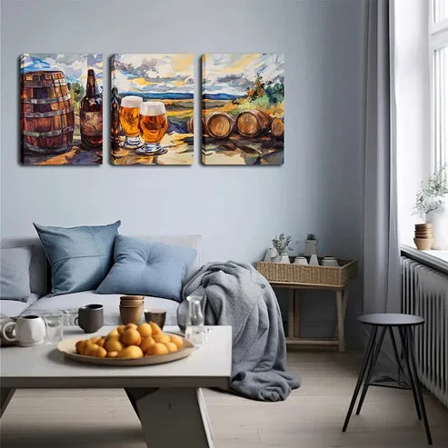 3pcs Wooden Keg and Beer, Wall Art Set Wall Art Canvas Unframed - High Quality Print 100% Australian Made Wall Canvas