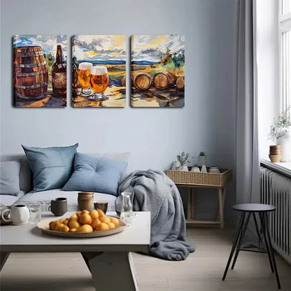 3pcs Wooden Keg and Beer, Wall Art Set Wall Art Canvas Unframed - High Quality Print 100% Australian Made Wall Canvas