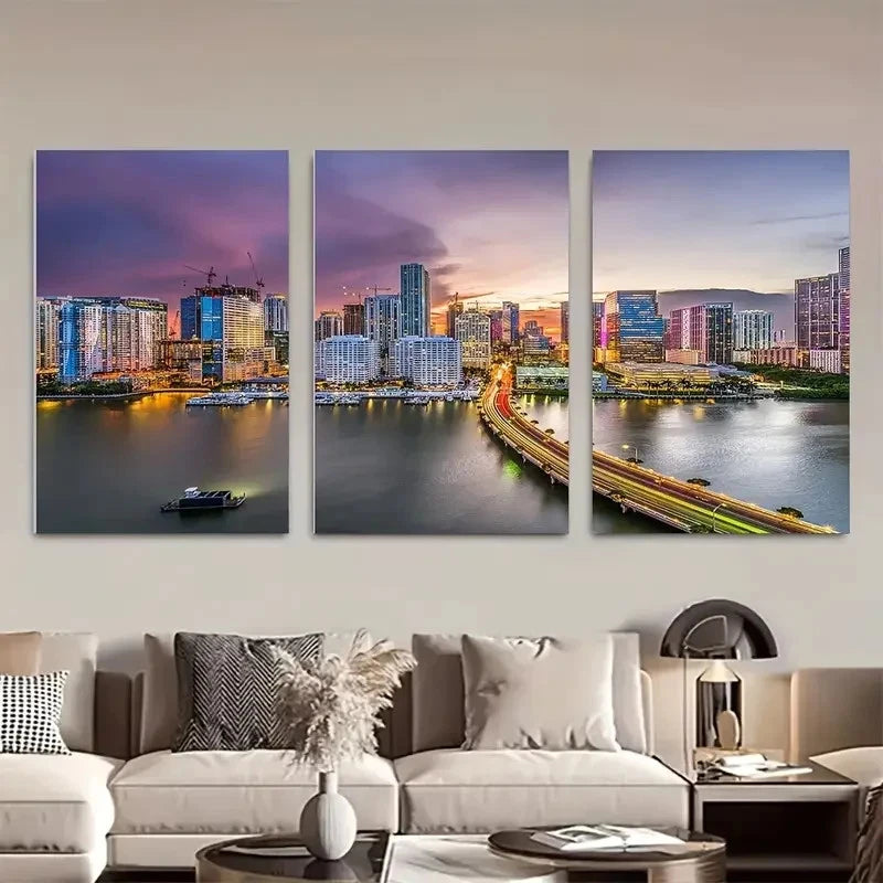 3pcs Vibrant Cityscape with Sunset, Palm Trees Metal Print Ready to Hang Art