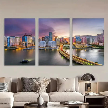 3pcs Vibrant Cityscape with Sunset, Palm Trees Metal Print Ready to Hang Art