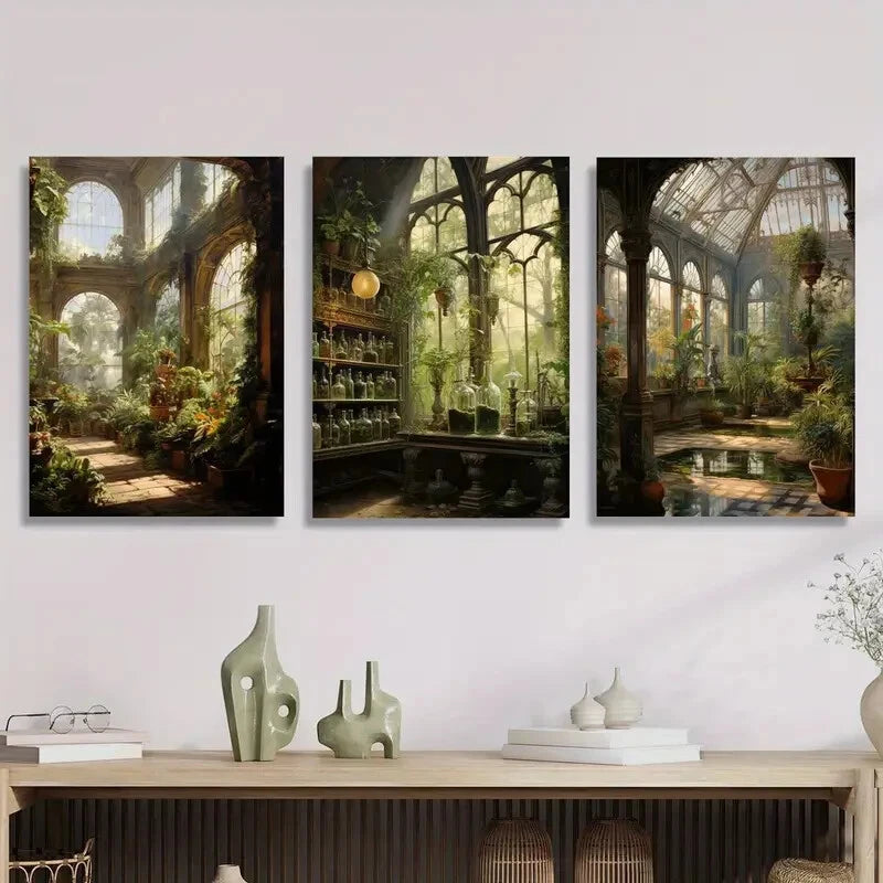 3pcs Depicting a Victorian Botanical Garden, Metal Print Ready to Hang Art