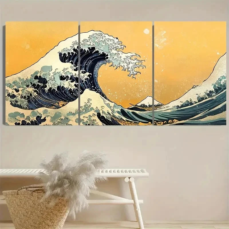 3pcs Vintage Japanese Wave Art Wall Art Set Canvas Framed 40x60cm - High Quality Print 100% Australian Made Wall Canvas Ready to Hang - Bella Home Decor