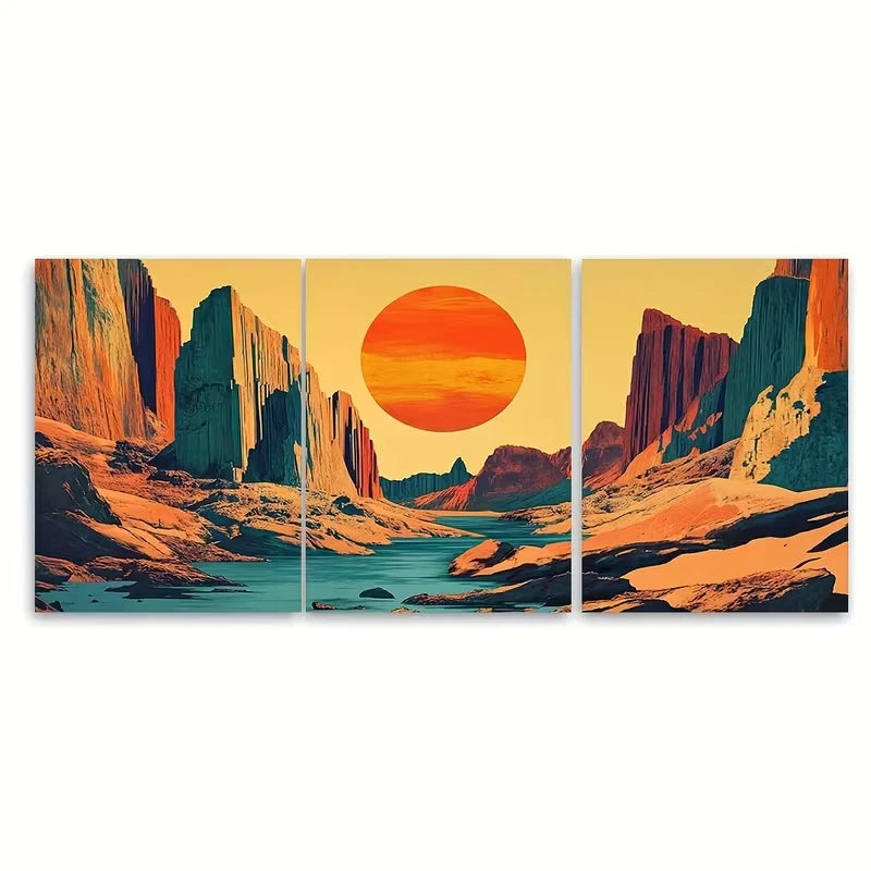 3pcs Vibrant Sunset & Mountain Scenery Metal Print Ready to Hang Art