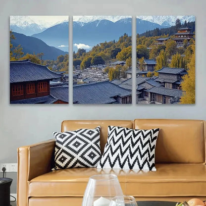 3pcs Snow-Capped Mountain Village View Wall Art Set Canvas Framed 50x70cm - High Quality Print 100% Australian Made Wall Canvas Ready to Hang