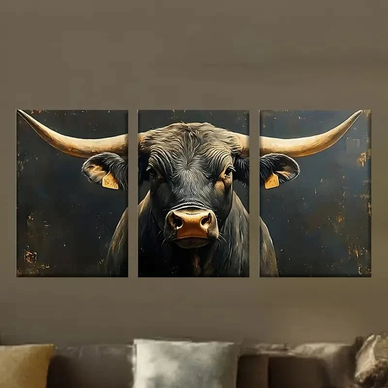 3pcs Contemporary Bull with Big Horns Metal Print Ready to Hang Art - Bella Home Decor