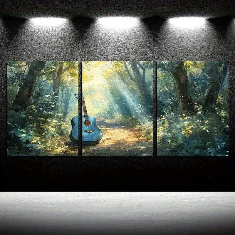 3pcs Vibrant Forest Sunlight and Guitar Metal Print Ready to Hang Art - Bella Home Decor