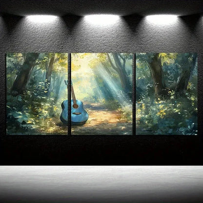 3pcs Vibrant Forest Sunlight and Guitar Metal Print Ready to Hang Art - Bella Home Decor