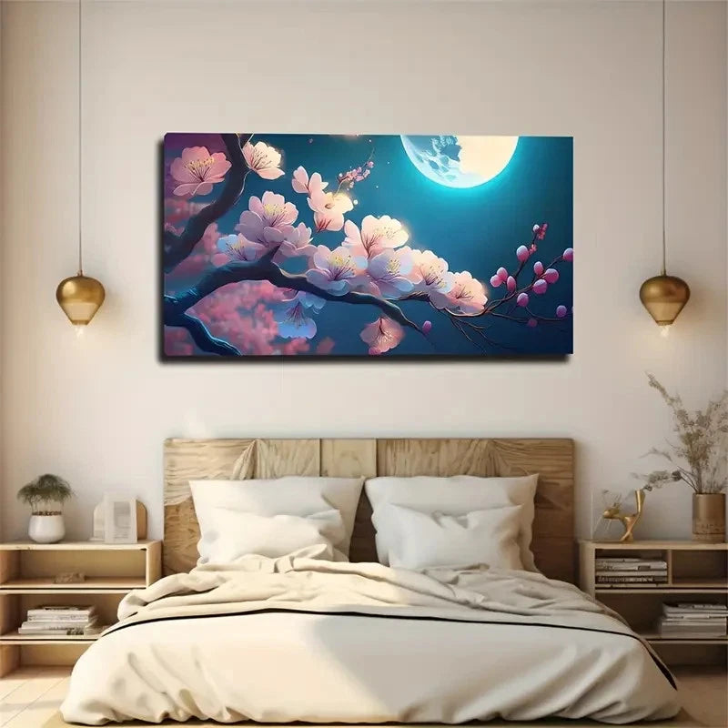 Cherry Blossoms & Moon Night Wall Art Canvas Office Home Room Framed 120x60cm
