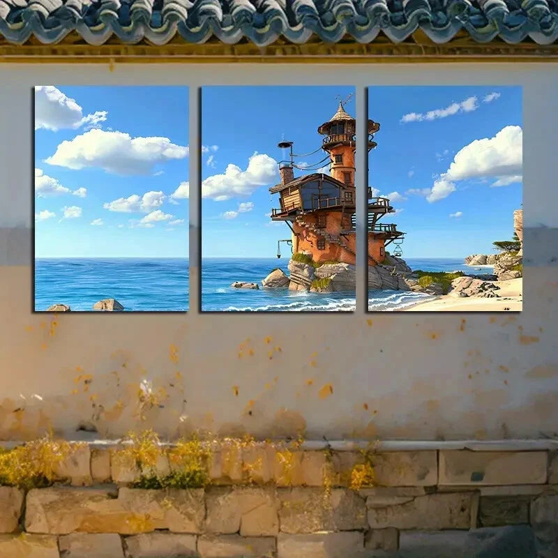 3pcs Dream Sand Tower Seashore Illustration Metal Print Ready to Hang Art - Bella Home Decor
