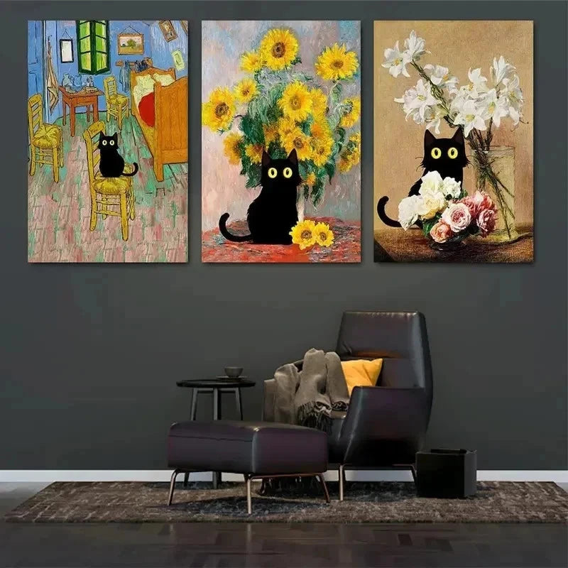 3pcs Black Cats in Famous Wall Art Set Canvas Framed 40x60cm - High Quality Print 100% Australian Made Wall Canvas Ready to Hang - Bella Home Decor