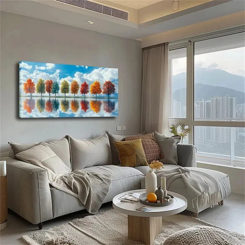 Autumn Tree Scene Reflection Wall Art Canvas Office Home Room Framed 120x60cm - Bella Home Decor