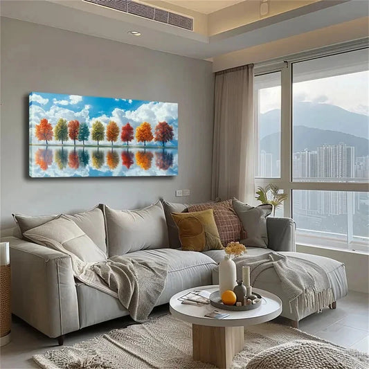 Autumn Tree Scene Reflection Wall Art Canvas Office Home Room Framed 120x60cm