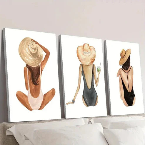 3pcs Girl, Gouache, Beach Girl Wall Art Canvas Unframed - High Quality Print 100% Australian Made Wall Canvas - Bella Home Decor