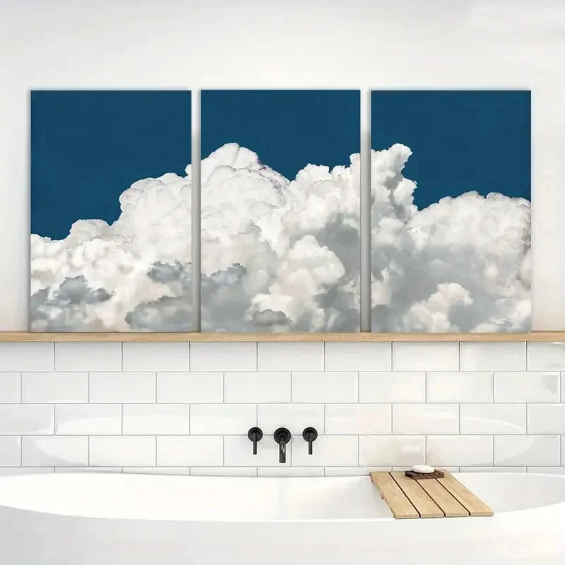 3pcs White Clouds Abstract Navy Blue Sky Natural Metal Print Ready to Hang Art - Bella Home Decor