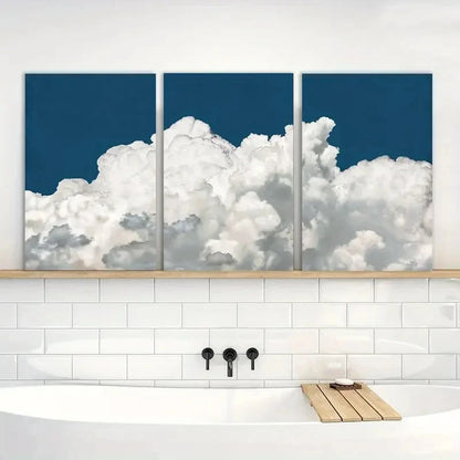 3pcs White Clouds Abstract Navy Blue Sky Natural Metal Print Ready to Hang Art - Bella Home Decor