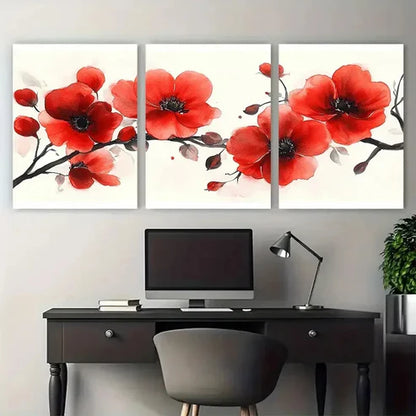 3pcs Elegant Blooming Red Floral Watercolor Wall Art Canvas Unframed – High Quality Print 100% Australian Made Wall Canvas