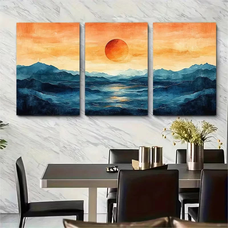 3pcs Blue Desert Design Minimalist Metal Print Ready to Hang Art - Bella Home Decor