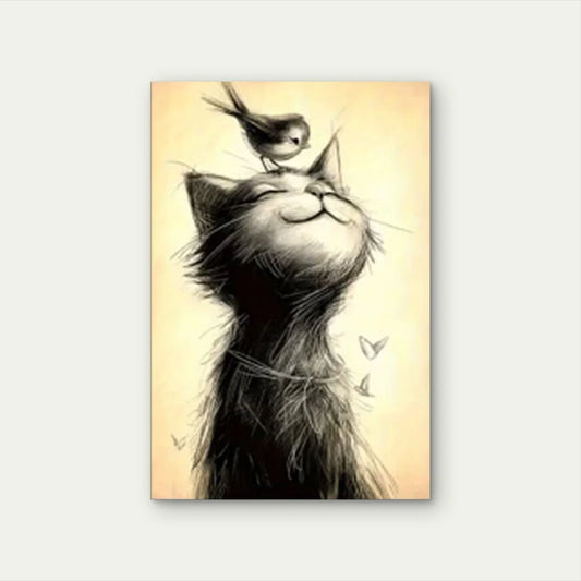Sketch of a Smiling Cat with a Bird 40x60cm Metal Print Ready to Hang