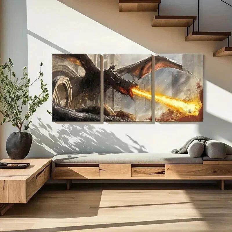 3pcs Fantasy Dragons & Mythical Creatures Wall Art Set Canvas Framed 40x60cm - High Quality Print 100% Australian Made Wall Canvas Ready to Hang - Bella Home Decor