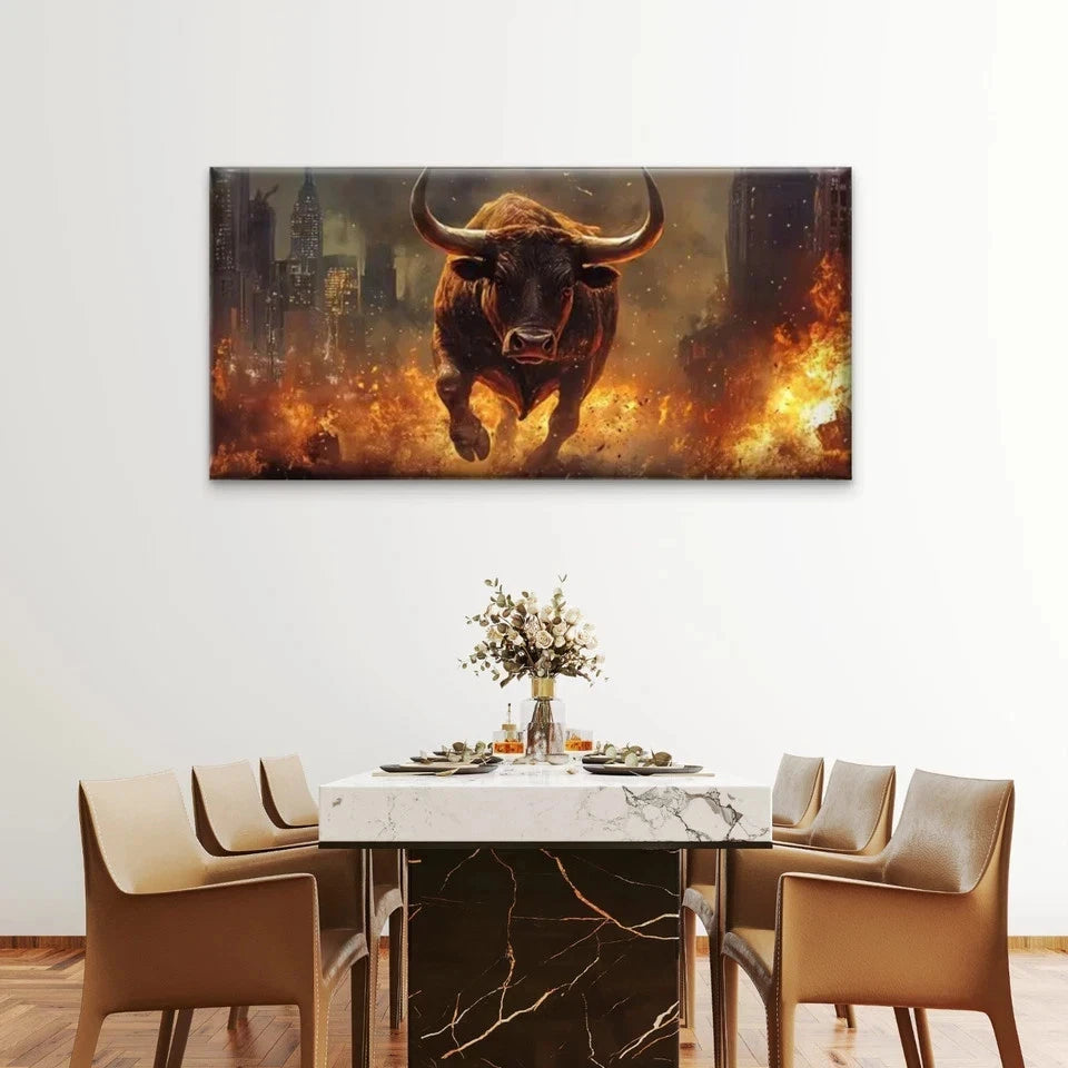 Charging Bull with Flames Wall Art Canvas Office Home Room Framed 120x60cm