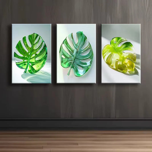 3pcs Clear Stained Glass Leaves Design Wall Art Set Canvas Framed 60x90cm - High Quality Print 100% Australian Made Wall Canvas Ready to Hang