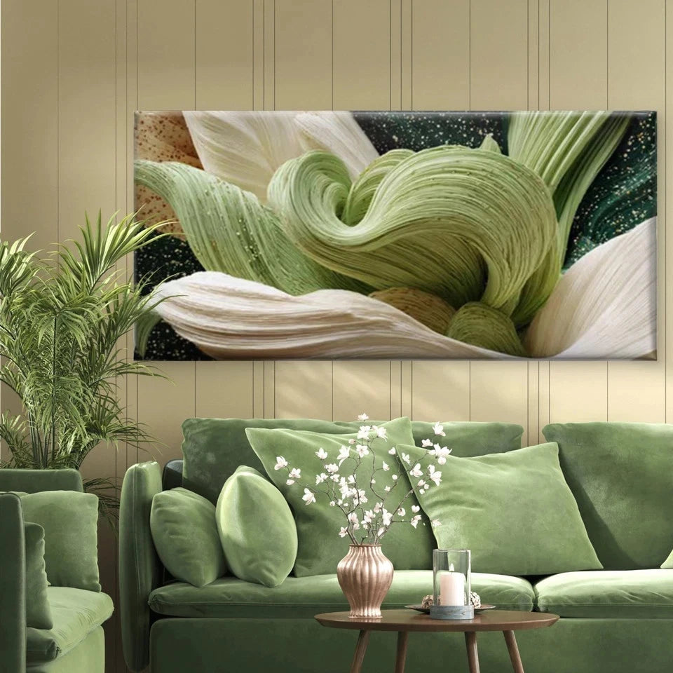 Abstract Floral Green & Curves Wall Art Canvas Office Home Room Framed 120x60cm