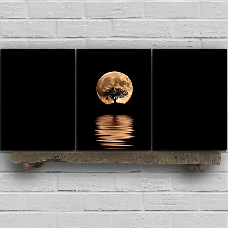 3pcs Reflection of Trees Golden Moon Metal Print Ready to Hang Art - Bella Home Decor