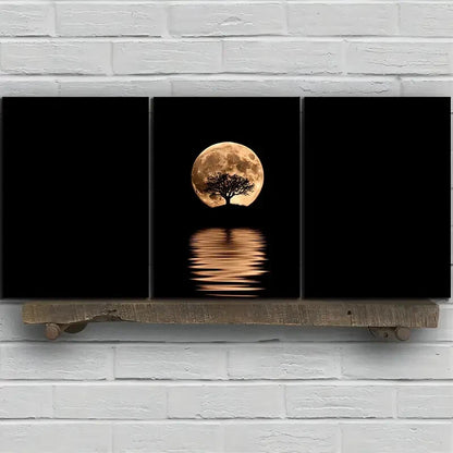 3pcs Reflection of Trees Golden Moon Metal Print Ready to Hang Art - Bella Home Decor