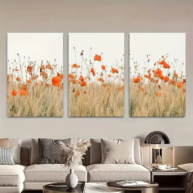 3pcs Vibrant Wildflower Poppies Field Botanical Metal Print Ready to Hang Art - Bella Home Decor