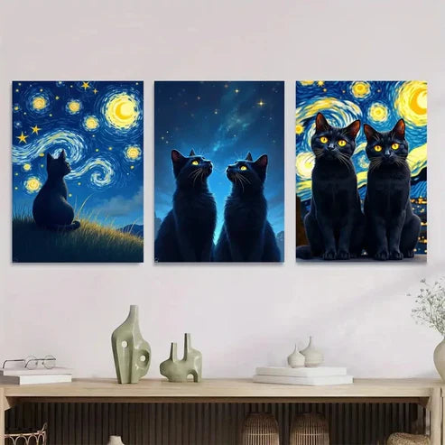 3pcs Starry Night Black Cats Yellow Swirls Wall Art Set Canvas Unframed - High Quality Print 100% Australian Made Wall Canvas