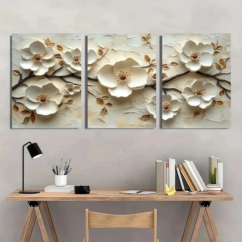 3pcs White Floral Texture Artwork Beige Minimalist Metal Print Ready to Hang Art - Bella Home Decor