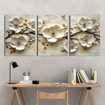 3pcs White Floral Texture Artwork Beige Minimalist Metal Print Ready to Hang Art - Bella Home Decor