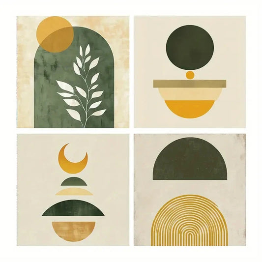 4pcs Olive Branches & Geometric Patterns Wall Art Canvas Framed