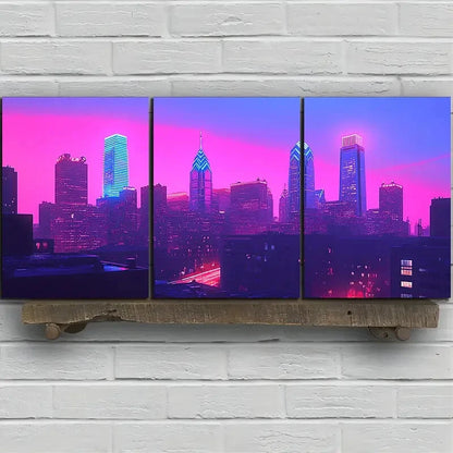 3pcs Colorful City Purple Themed Buildings Metal Print Ready to Hang Art - Bella Home Decor
