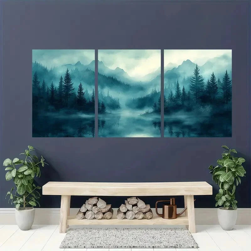 3pcs Foggy Forest Landscape Watercolor Art Metal Print Ready to Hang Art - Bella Home Decor