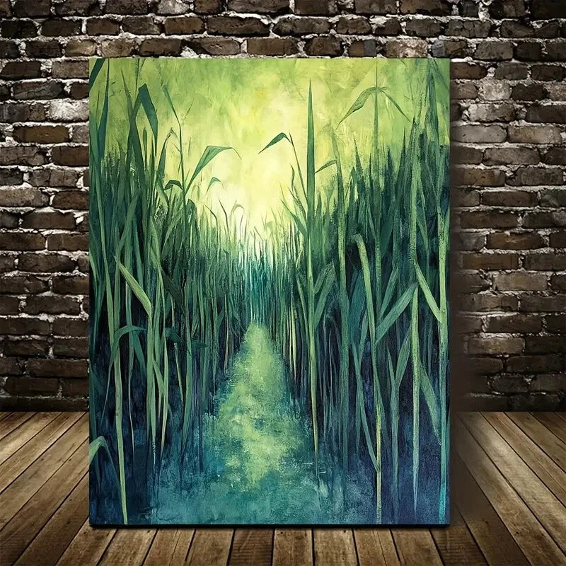 Beautiful Green Sugarcane Grassland Scene Painting 40x60cm Metal Print Ready to Hang - Bella Home Decor