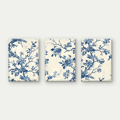 3pcs Blue and White Vintage Floral Style Wall Art Set Canvas Framed 60x90cm - High Quality Print 100% Australian Made Wall Canvas Ready to Hang