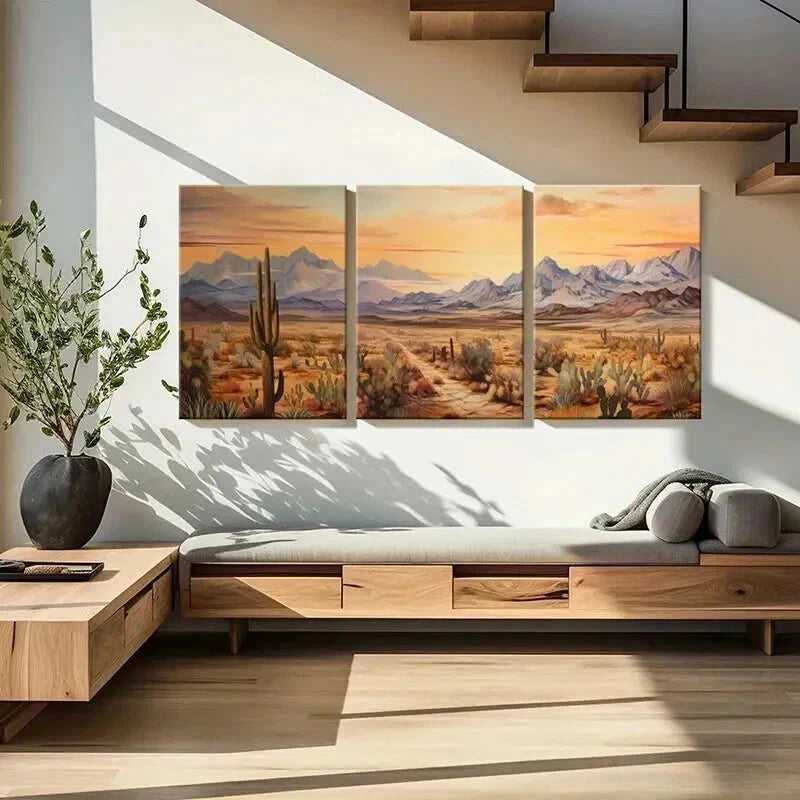 3pcs Cactus Mountains Sunset Orange Sky Wall Art Set Canvas Framed 40x60cm - High Quality Print 100% Australian Made Wall Canvas Ready to Hang - Bella Home Decor