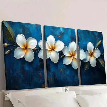 3pcs White Plumeria Flower Tropical Blue ER Wall Art Set Canvas Unframed - High Quality Print 100% Australian Made Wall Canvas - Bella Home Decor
