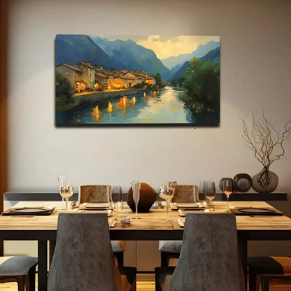 Serene River Villa Scene Wall Art Canvas Office Home Room Framed 120x60cm