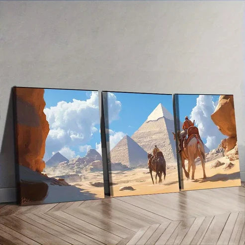 3pcs Camel Train Theme Pyramids Nature Wall Art Set Canvas Unframed - High Quality Print 100% Australian Made Wall Canvas - Bella Home Decor