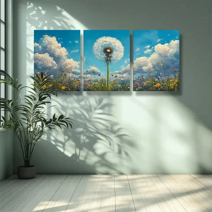 3pcs Canvas Wall Art Painting White Dandelion Metal Print Ready to Hang Art