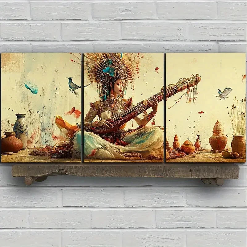 3pcs A Woman Playing An Instrument Modern Print Ready to Hang Art - Bella Home Decor