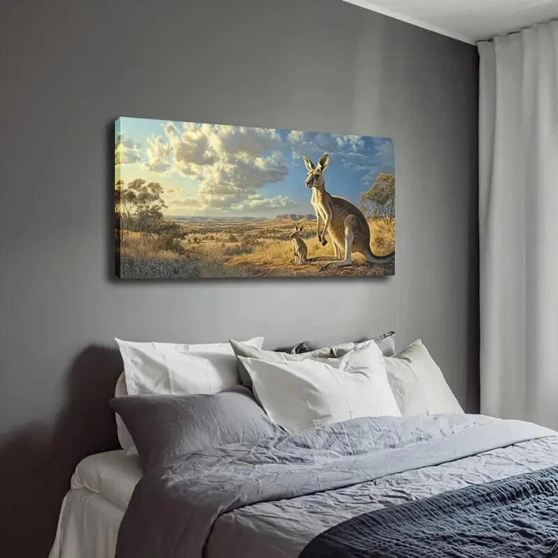 Savanna Kangaroo & Youngster Wall Art Canvas Office Home Room Framed 120x60cm
