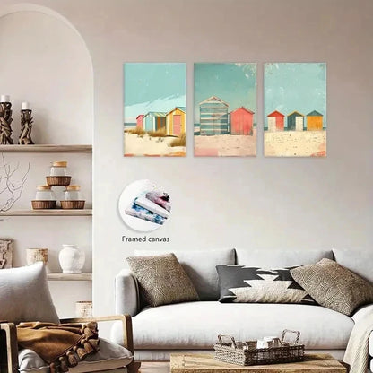 3pcs Decor Coastal Beach Huts wall Art Set Canvas Framed 50x70cm - High Quality Print 100% Australian Made Wall Canvas Ready to Hang - Bella Home Decor