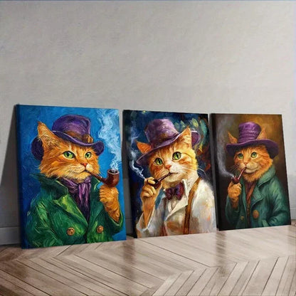 3pcs Featuring A Cat With A Pipe Orange Cat Wall Art Set Canvas Unframed - High Quality Print 100% Australian Made Wall Canvas
